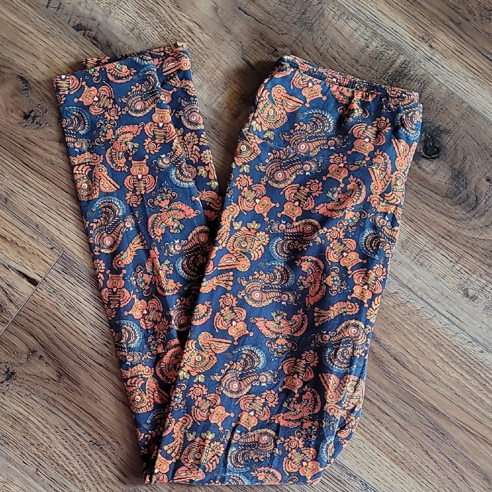 LuLaRoe Navy & Orange Print Leggings, Size OS, Owls & Birds